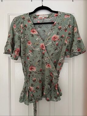 LOFT Sage Green Floral Wrap Blouse with Ruffle Hem